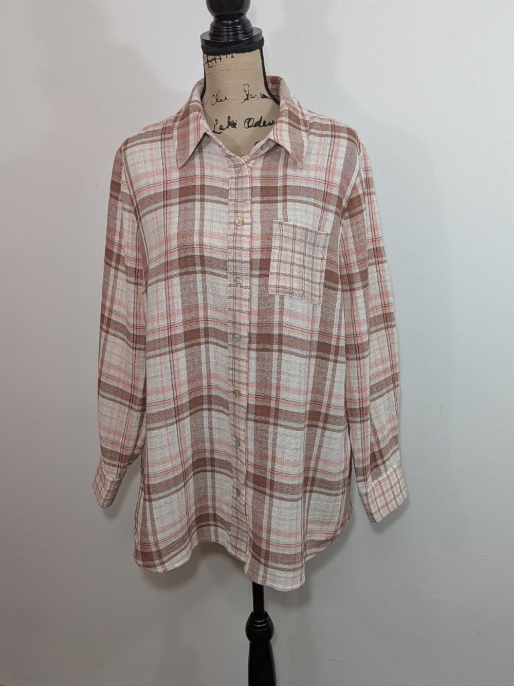 Soft Surroundings Shirt Womens Pink Plaid Gauze Lagenlook Breezy Travel Top L